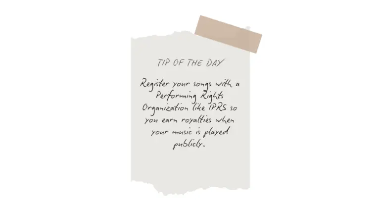 A tip of the day artwork telling musical artists to register their music with a PRO (Performing Rights Organization) to maximize their earnings.