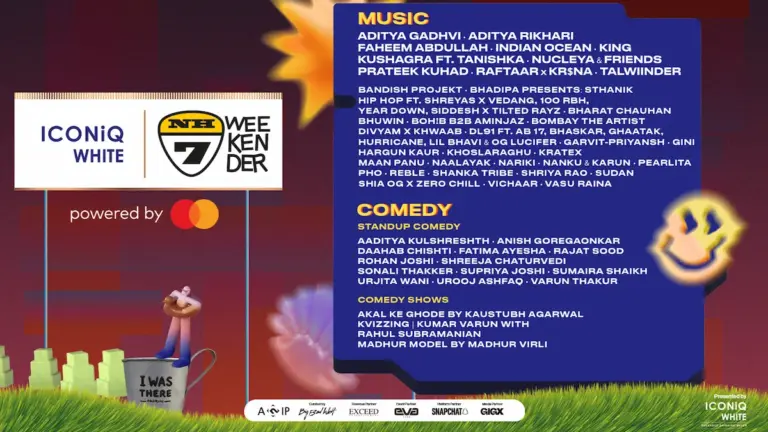 The post for ICONiQ White and NH7 Weekender 2026 event featuring different musical artists that are going to play live.