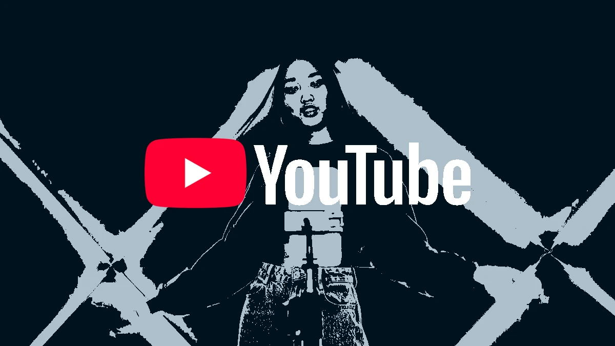 An artwork with youtube logo in the middle and a girl in the background