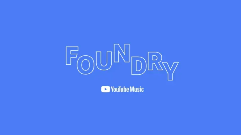 Logo for YouTube Music Foundry, featuring the word "FOUNDRY" in a large, white, outlined font above the YouTube Music logo on a solid blue background.