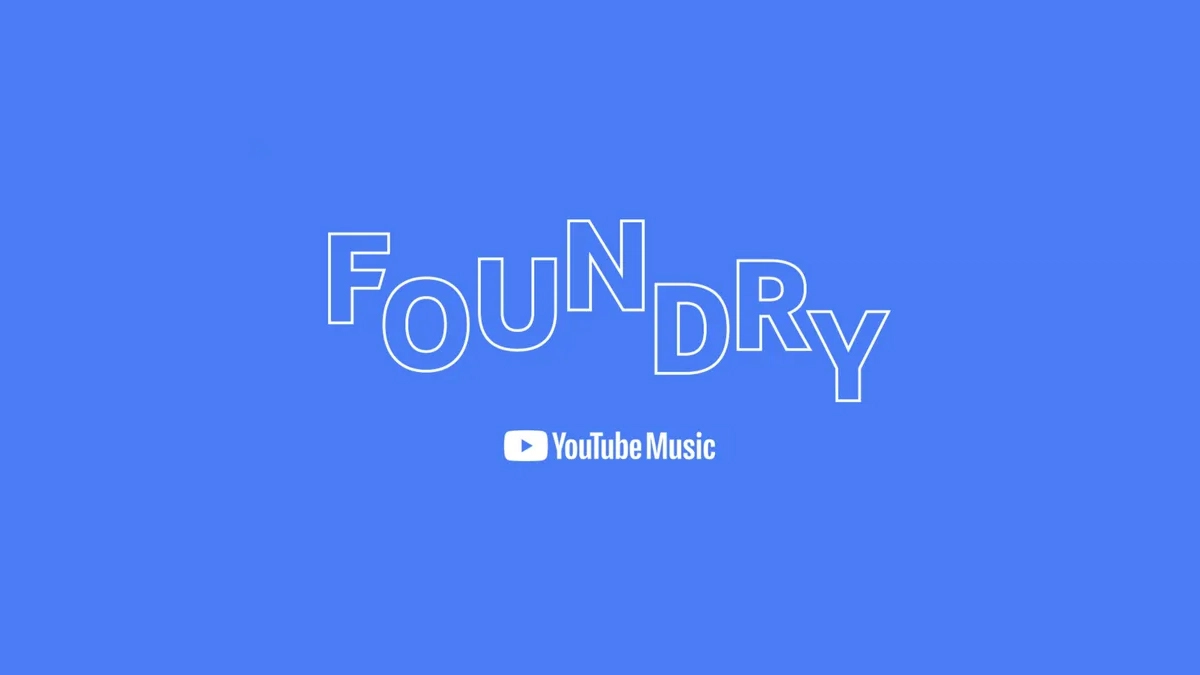 Logo for YouTube Music Foundry, featuring the word "FOUNDRY" in a large, white, outlined font above the YouTube Music logo on a solid blue background.