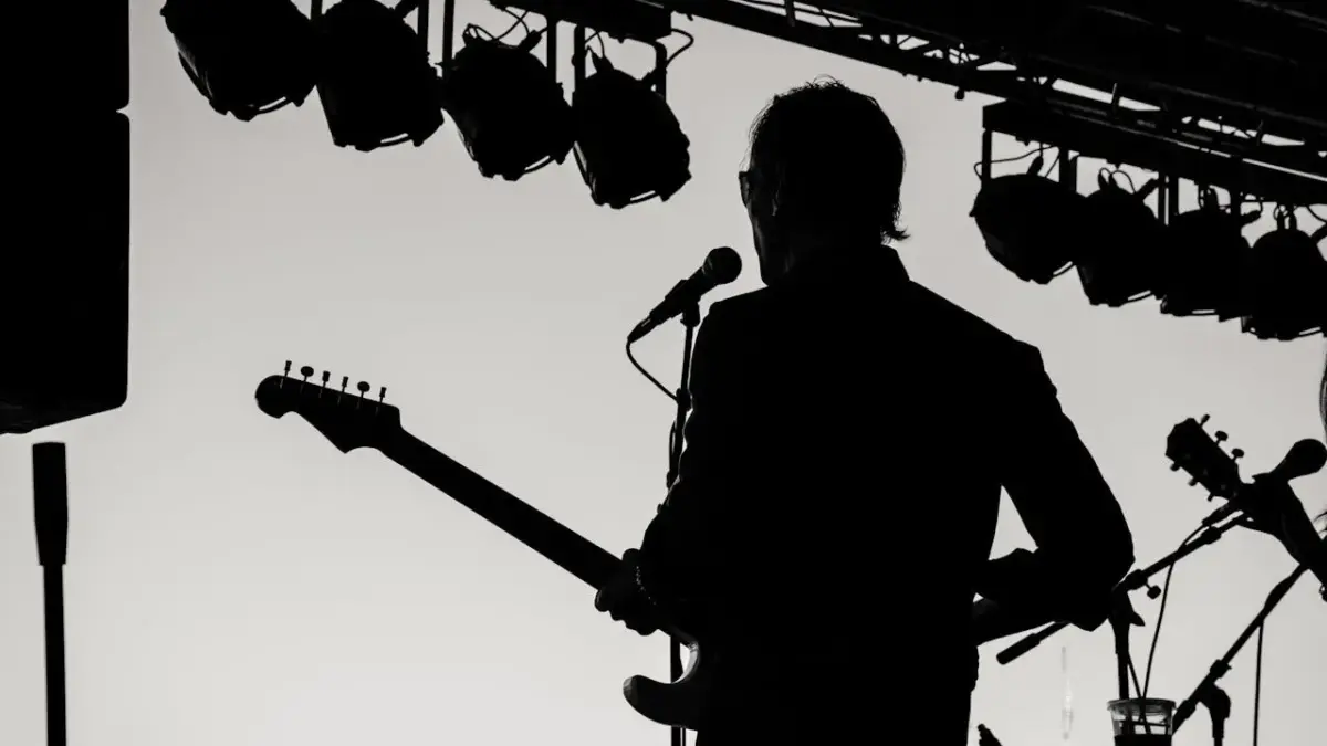 A black and white silhouette of a musician holding a guitar and performing live.