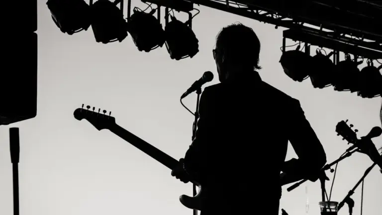 A black and white silhouette of a musician holding a guitar and performing live.