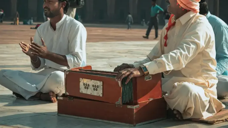 Two men playing music, both of them are singing and one of them is playing the harmonium.