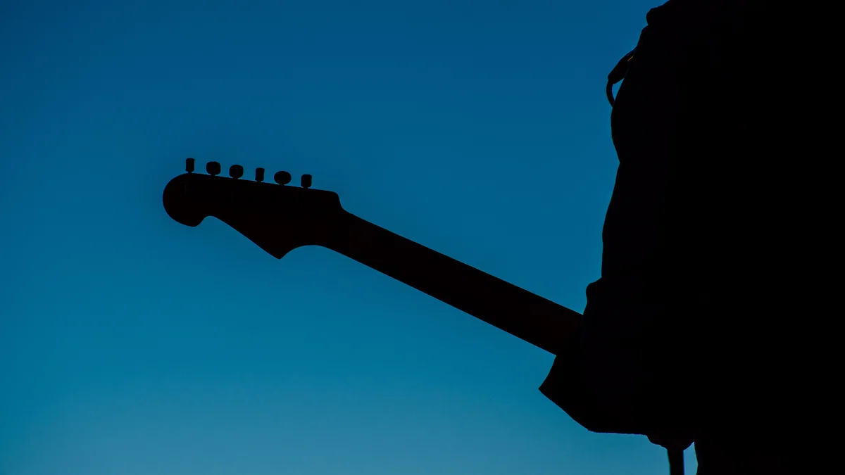 A bluish silhoutte of a musical artist holding an electric guitar.